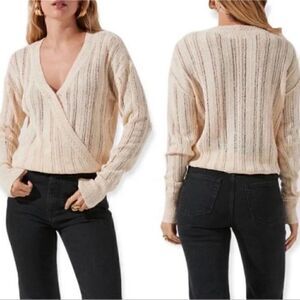 NWT ASTR the Label Size Medium Wrap Front Cream Pointelle Lightweight Sweater